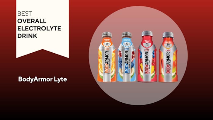 A red background with a banner reading "Best Overall Electrolyte Drink" next to four orange, blue, and red bottles of BodyArmor Lyte electrolyte drink